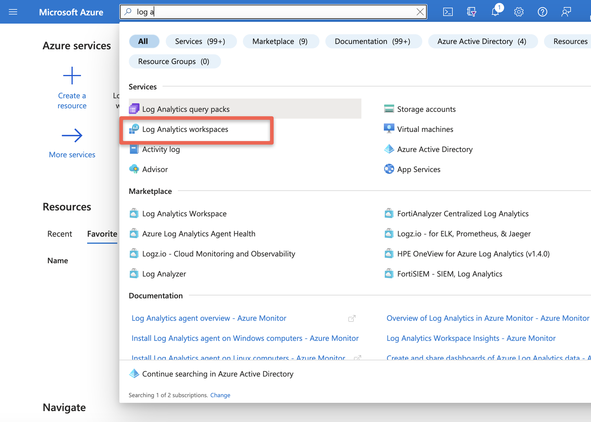 screenshot of Log analytics workspace